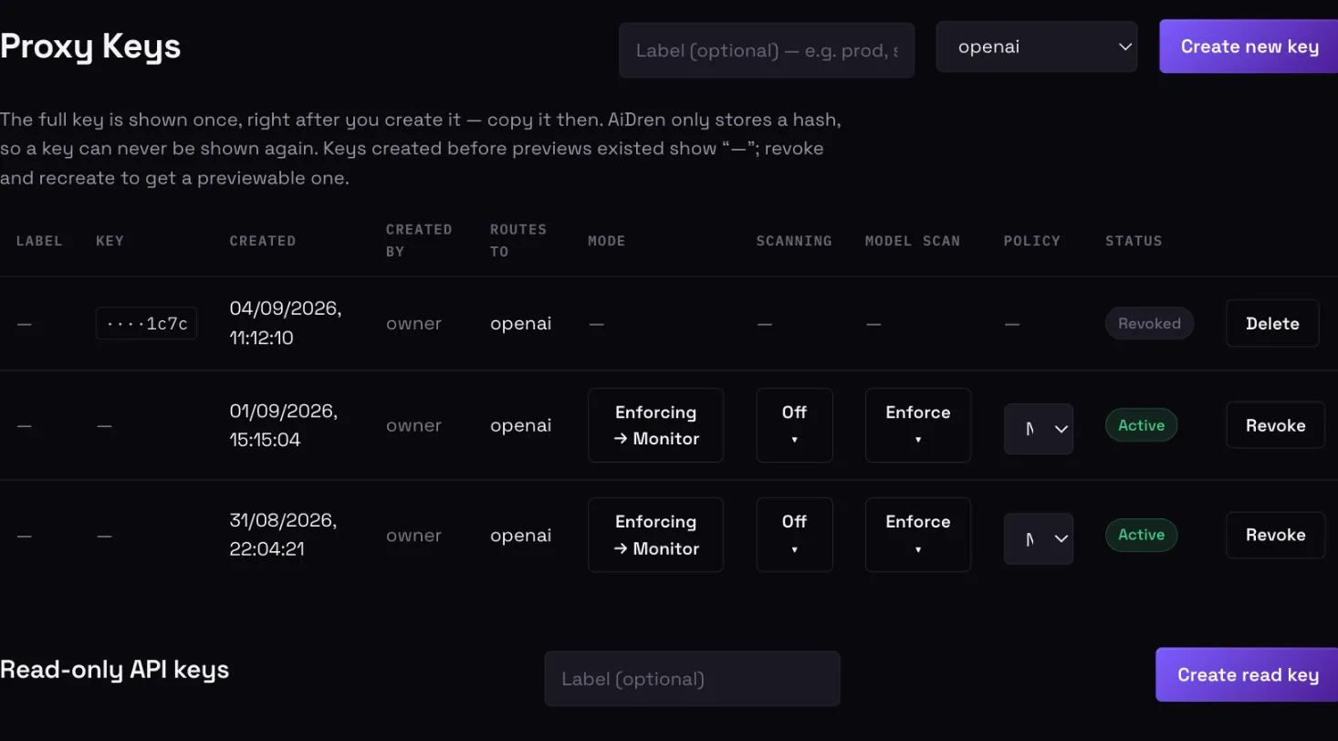 AiDren proxy keys page showing per-key mode, scanning, model-file scanning, and policy controls